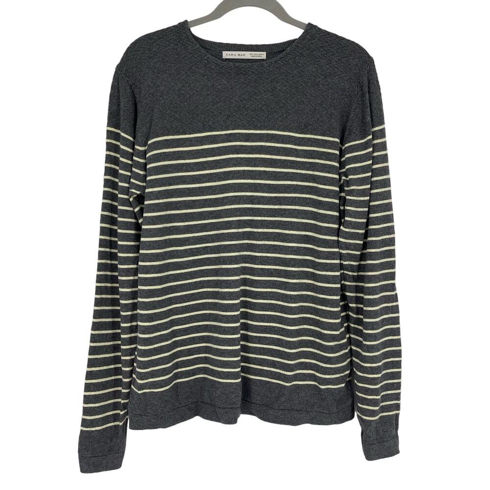 Zara‎ Man Cotton Gray Yellow Stripe Sweater Large